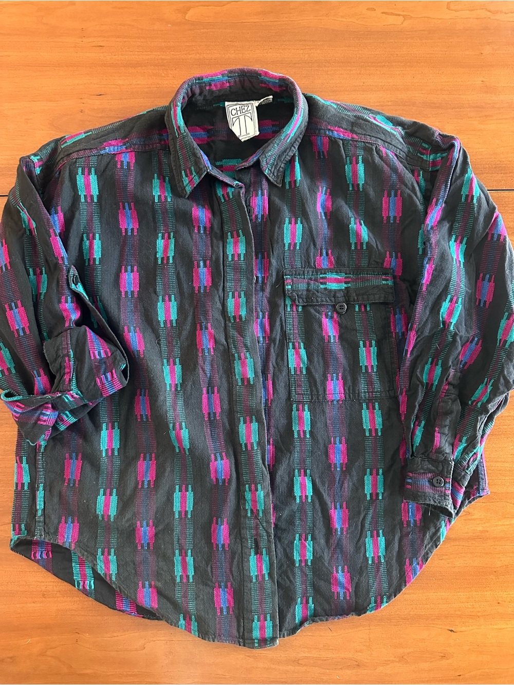 Vintage Chez T Petite Southwestern Geometric Button Up Shirt Black Teal Pink